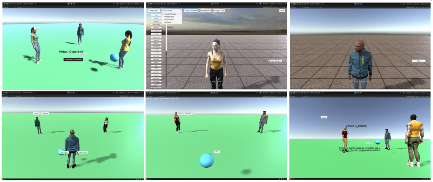 the six screenshots presents the storyboards for each scenes in the cyberball prototype, there are welcome message scene, avatar customization scene, save avatar scene, exclusive game scene, inclusive game scene, and a finish message scene.